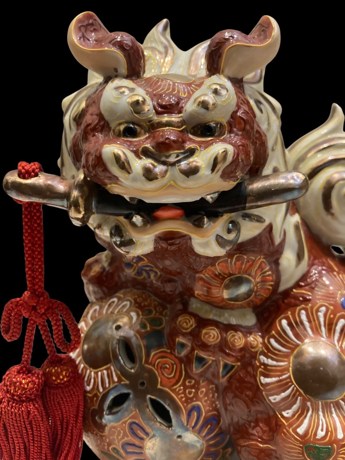 九谷焼 八栄窯 須栄義作 刀咥え 玉乗り獅子 伝統工芸品 魔除け くたに