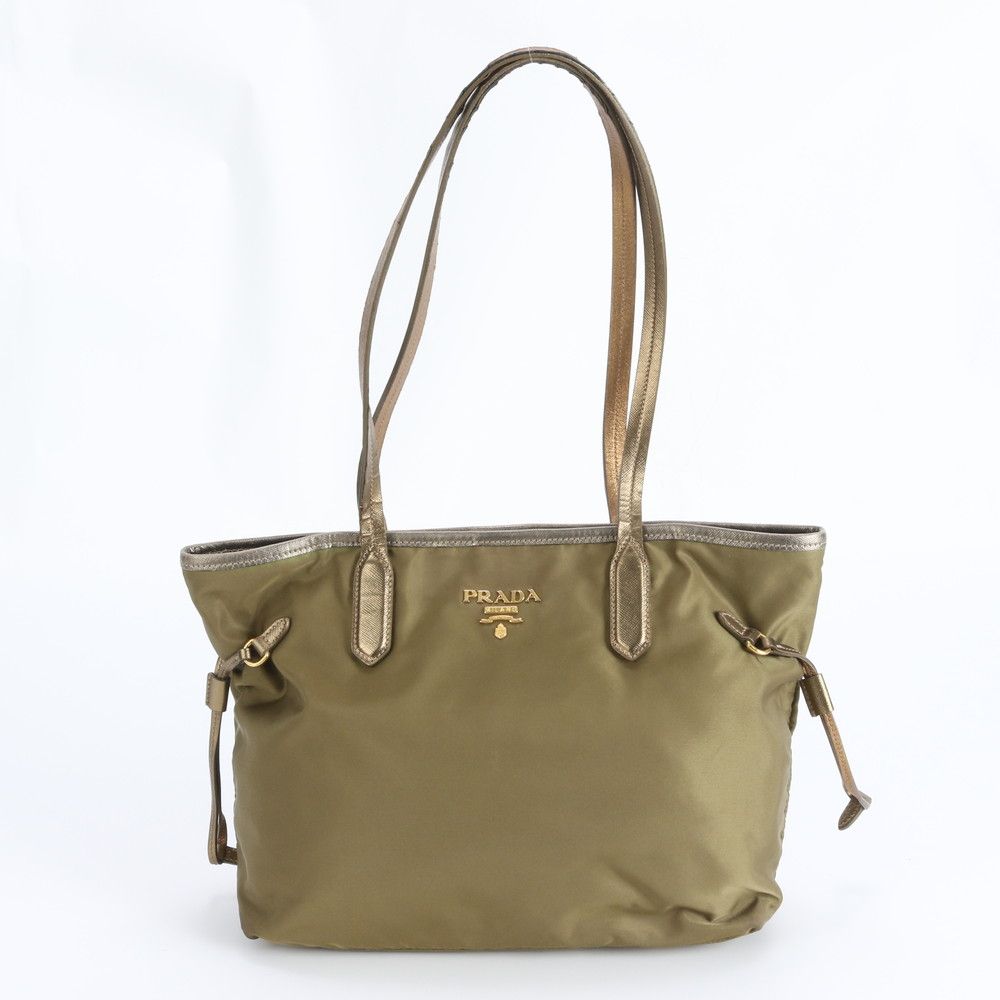 プラダ テスート ナイロン カーキ レザー トート バッグ 肩掛け