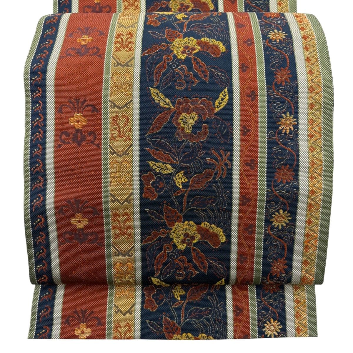 美品】 名古屋帯 優品 八寸名古屋帯 松葉仕立て 草花 縞 灰緑 正絹