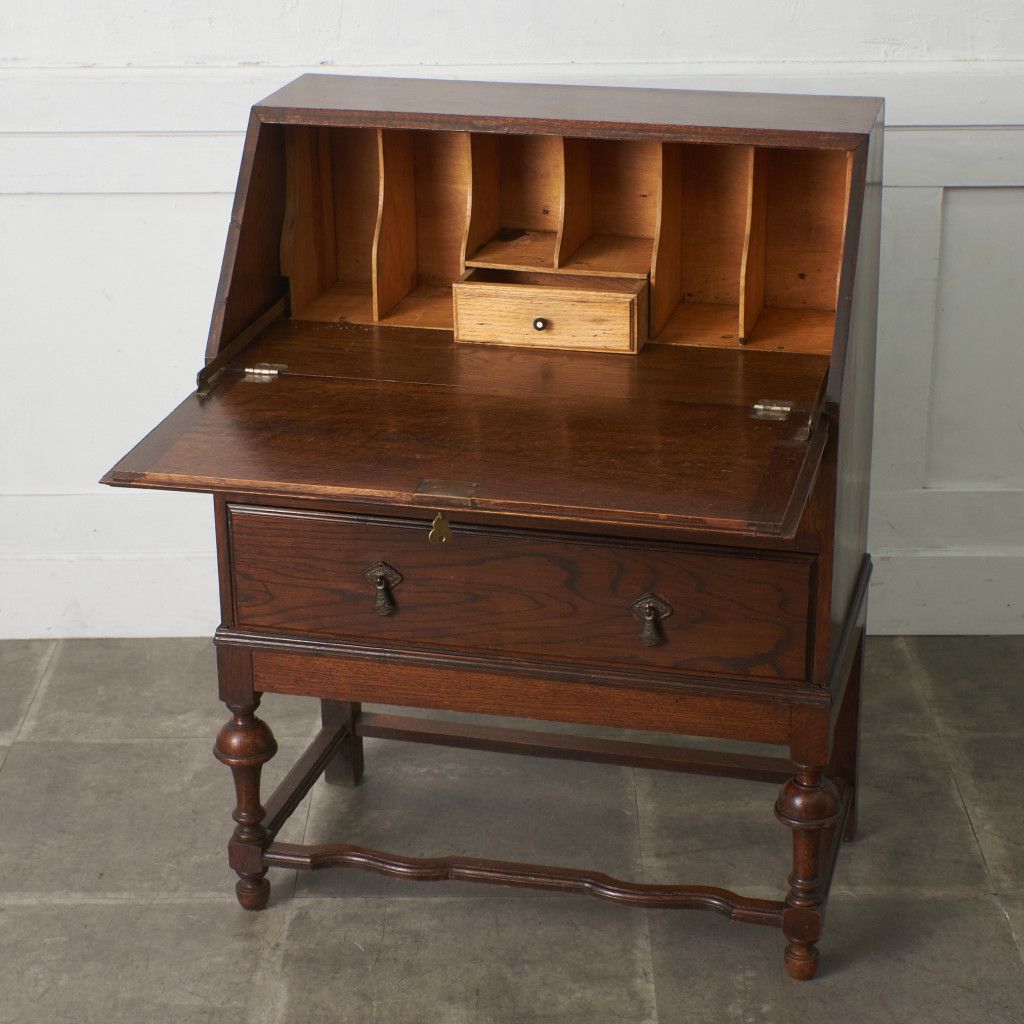 英国 アンティーク ライティング ビューロー 木彫刻 オーク 無垢材