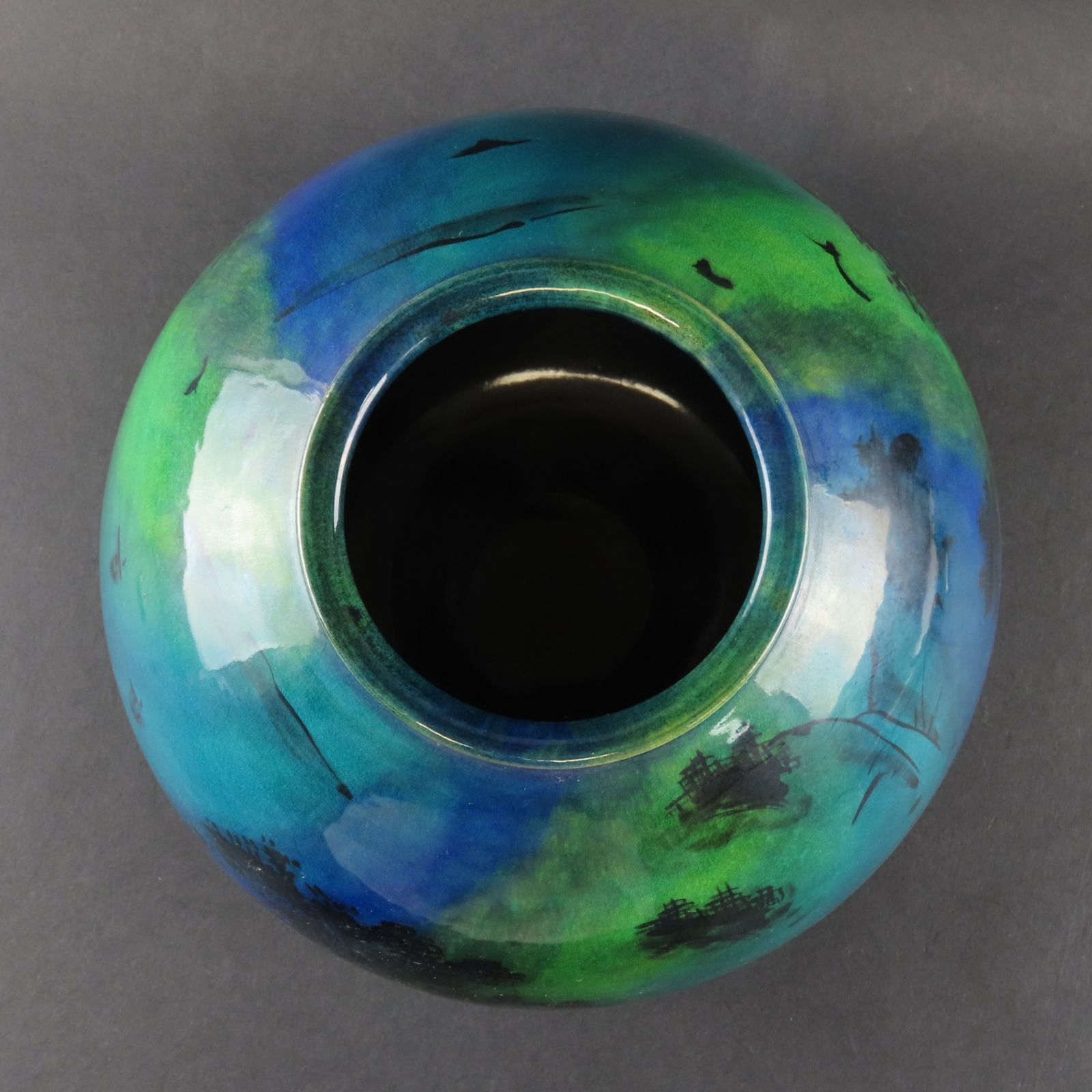 青緑色の風景陶器花瓶 作家物 清水焼 青緑色の風景陶器花瓶 作家物