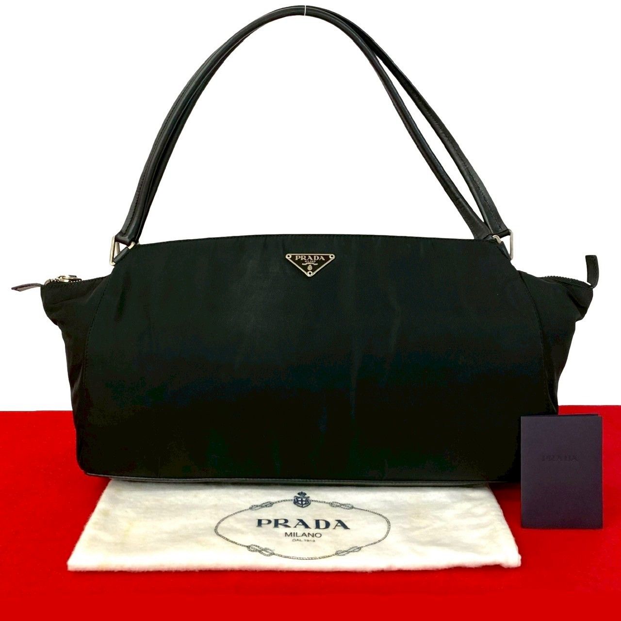 極 美品 袋付 PRADA プラダ 三角ロゴ 金具 ナイロン レザー 本革