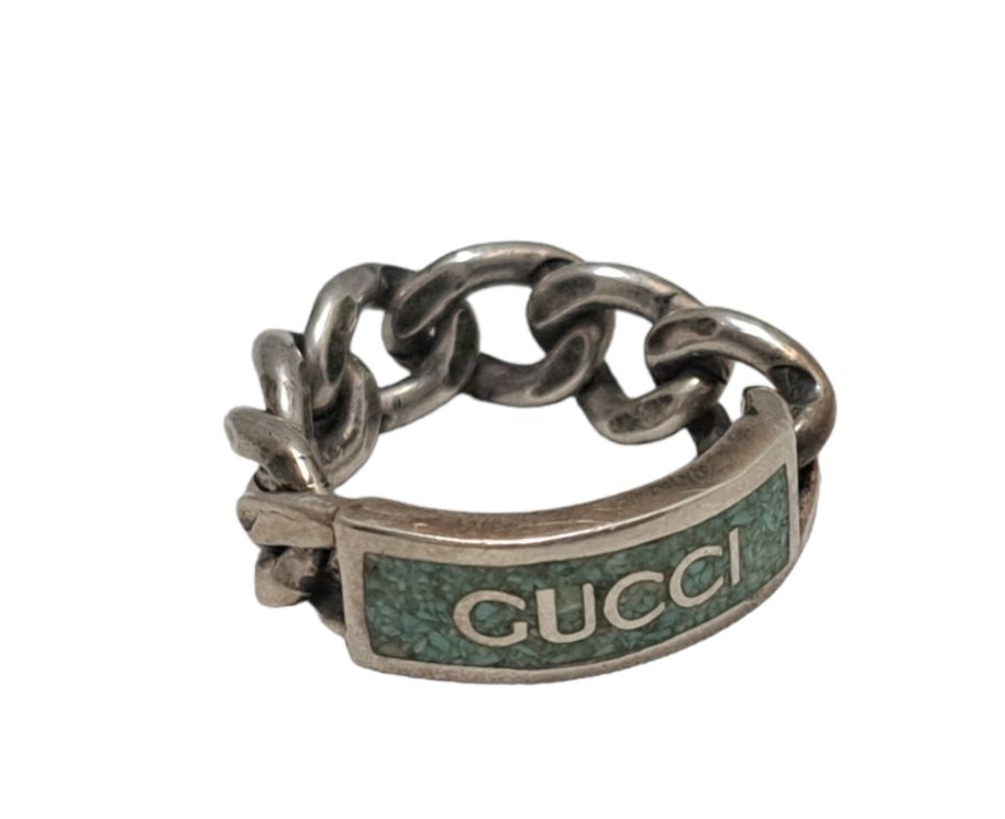 GUCCI グッチ 指輪 チェーンリング SV925 ロゴエナメルリング ブルー