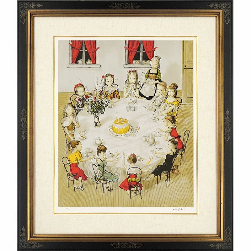 版画 藤田嗣治「お誕生日」 リトグラフ 額付き 大型絵画 ADAGP保証書