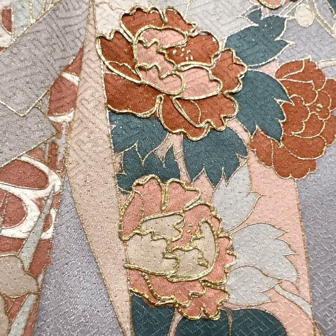 付け下げ 金通し 金駒刺繍 熨斗 牡丹 菖蒲 菊 グレー系 着物 062w d