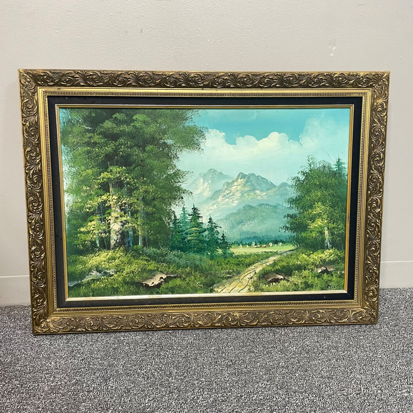 油絵 菅家令子絵 絵画インテリア額付(青緑＋金色の枠)F4-071820