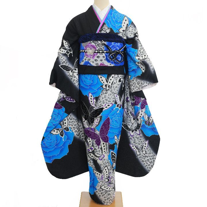 振袖セット 美品 青×黒 ヒョウ柄 蝶 華やか 個性的 かっこい クール