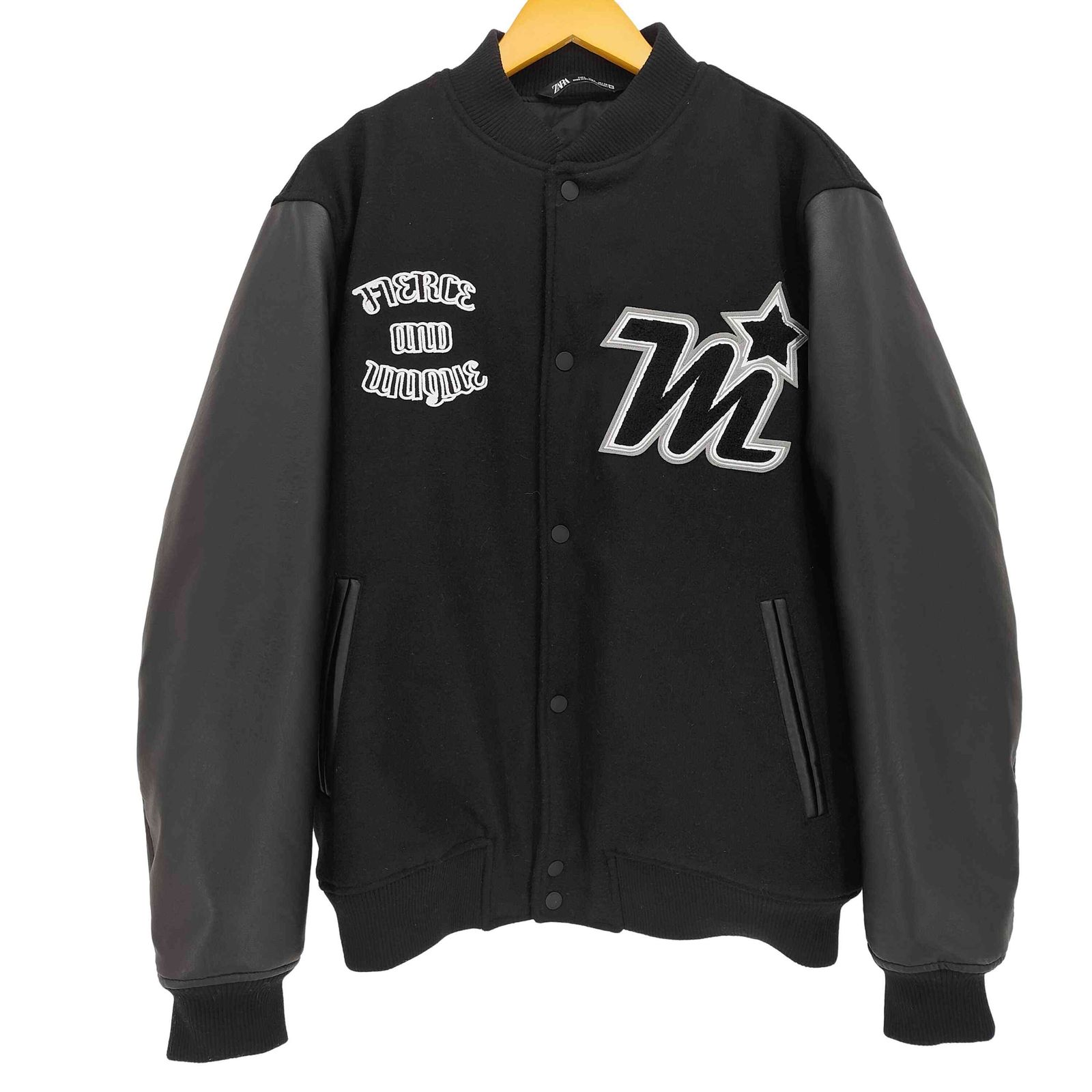 ザラ ZARA フロントワッペン 刺繍 袖フェイクレザー切替 スタジアム