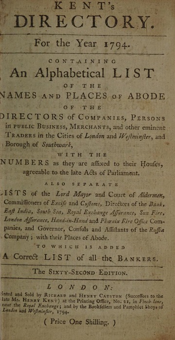 Kent's directory. For the year 1794. Containing an alphabetical