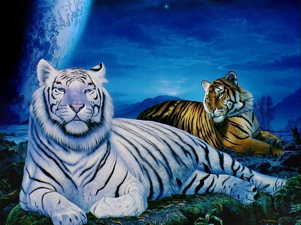 ラッセン手彩入ロードオブザミレニアム ホワイトタイガー 虎絵画