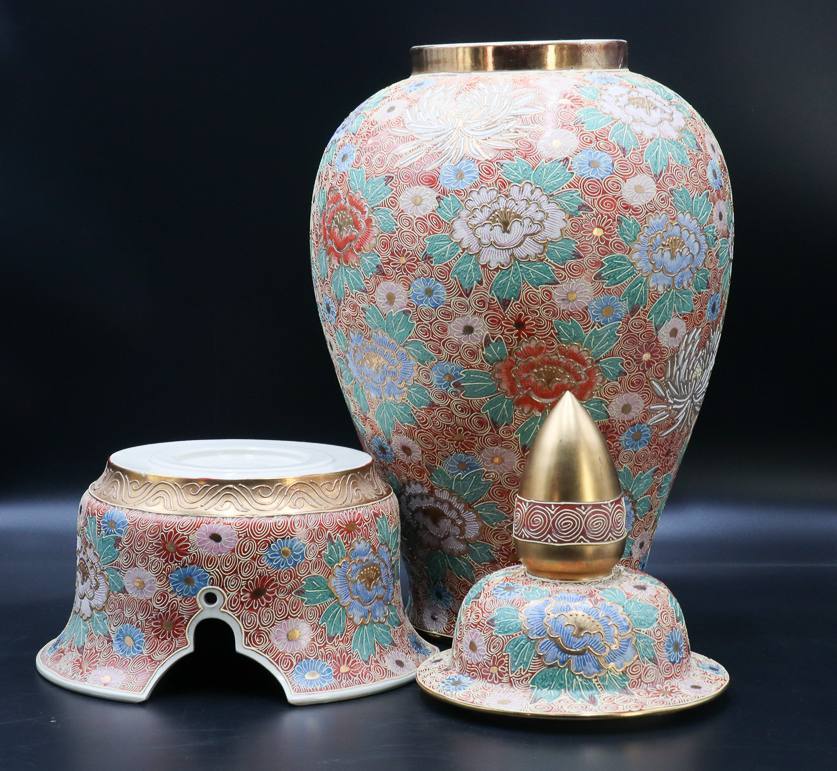 宙】古美術品 九谷焼 花尽図沈降壺 特大82cm 飾壺 沈香壺 細密細工 唐