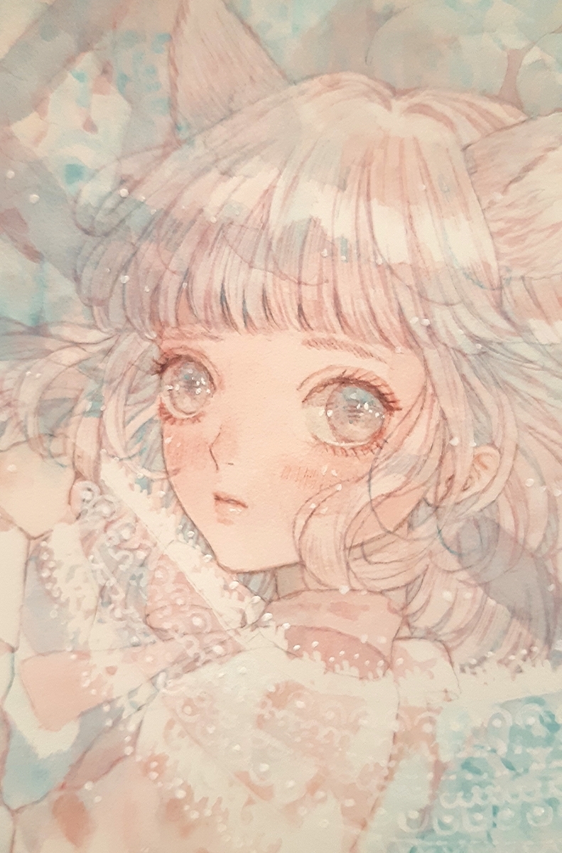 手描き イラスト オリジナル 女の子 透明水彩 アナログ 原画 一点物