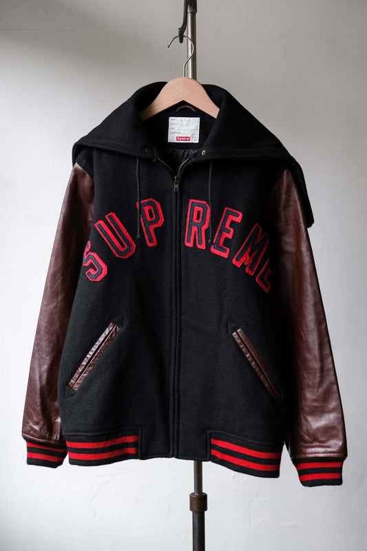 Supreme 12F/W Hooded Varsity Jacket leather sleeve hooded baseball