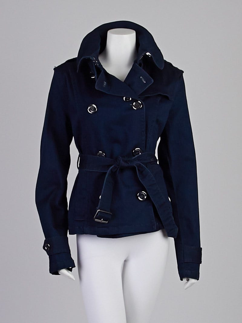 Burberry Brit Blue Denim Cotton Blend Short Trench Coat Size 14