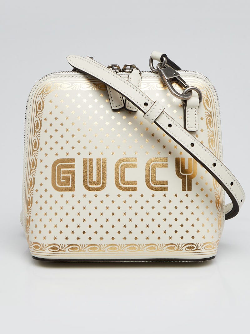 Gucci White/Gold Leather GUCCY Mini Crossbody Bag | Yoogi's Closet