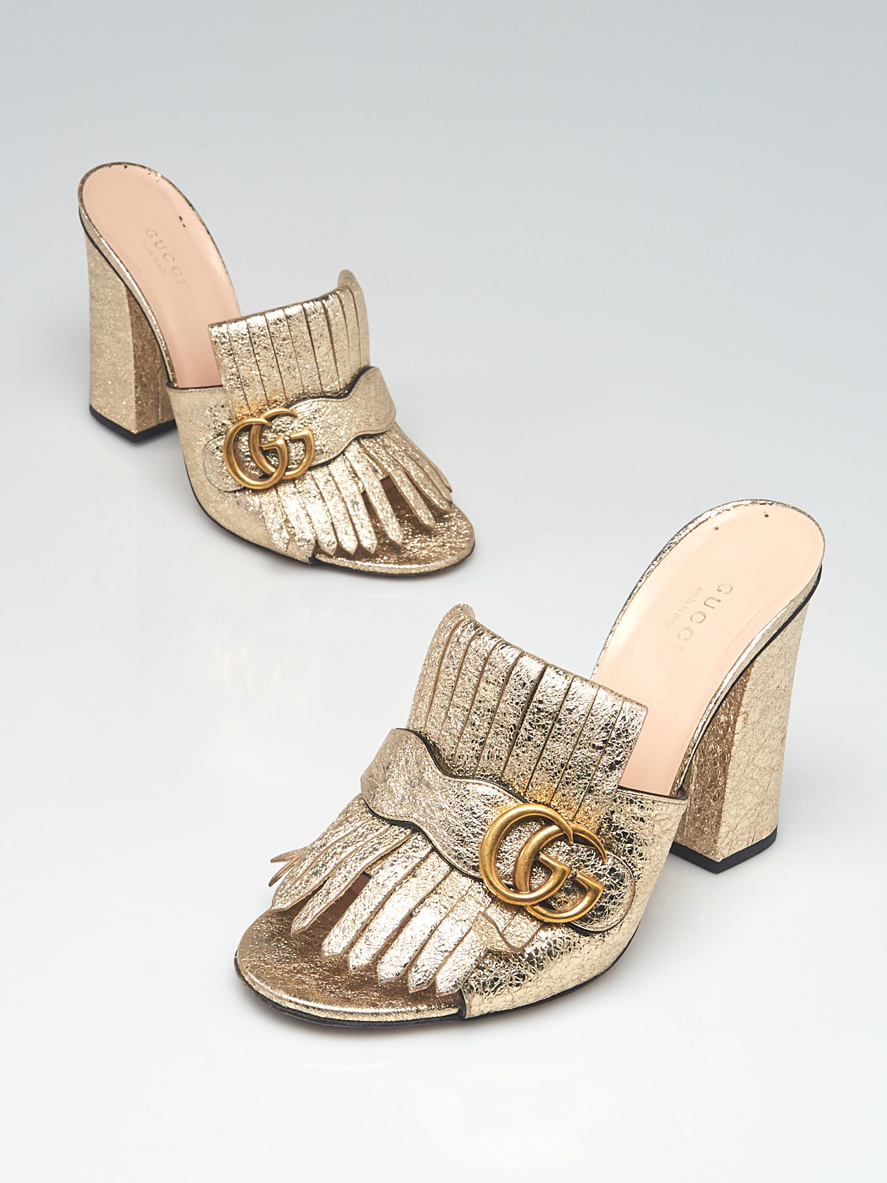 Gucci Gold Metallic Leather Marmont Peep Toe Kiltie Mule Heels