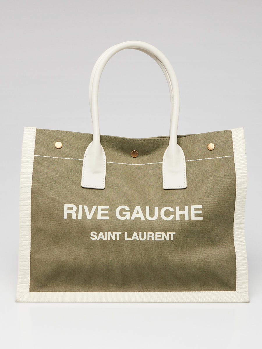 Yves Saint Laurent Green Linen And Leather Rive Gauche Tote Bag