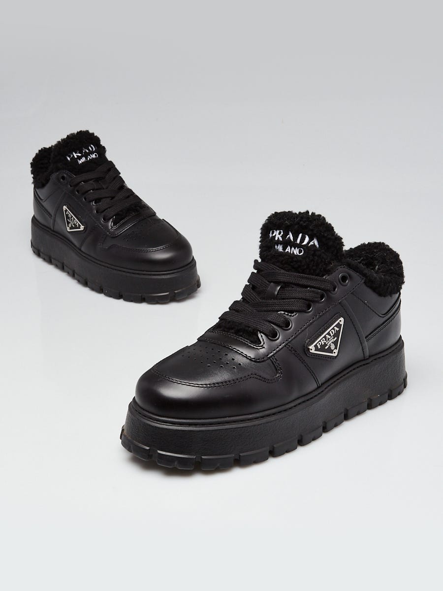Prada Black Calfskin Leather Shearling Trimmed Platform Sneakers