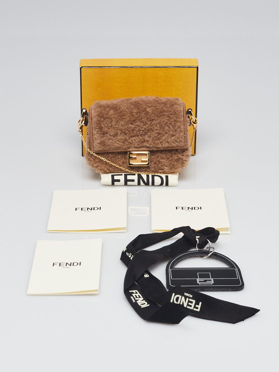 Fendi Camel Shearling/Shiny Nappa Nano Baguette Crossbody Bag