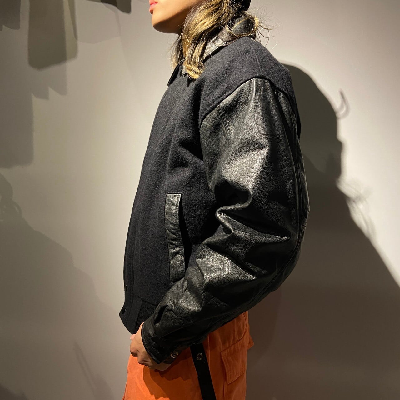 袖レザー 襟付き ウールスタジャン メンズL相当 古着 スタジアム