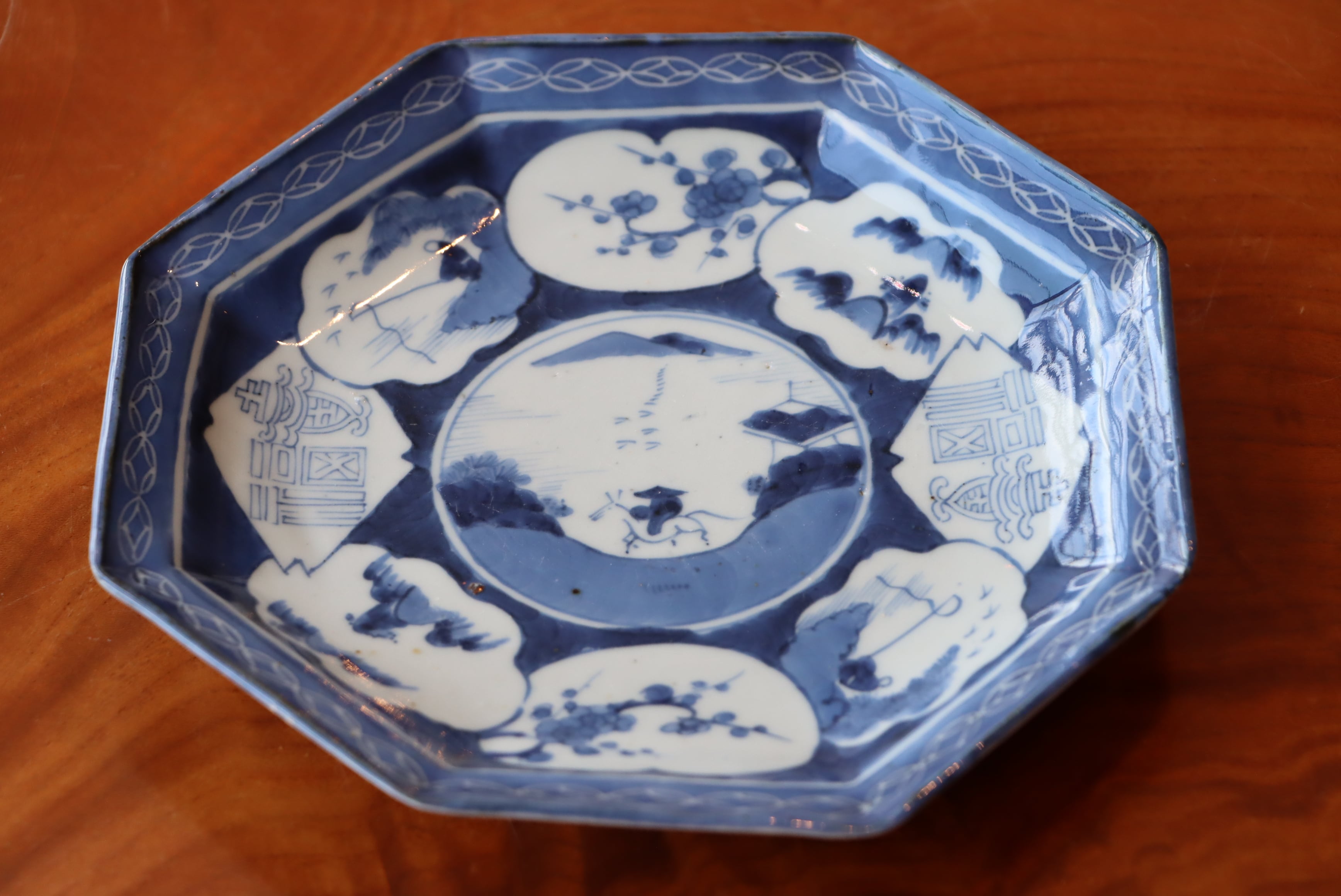 中皿 六寸 古伊万里 染付 楼閣山水人物文 八角形 | (有)新原美術