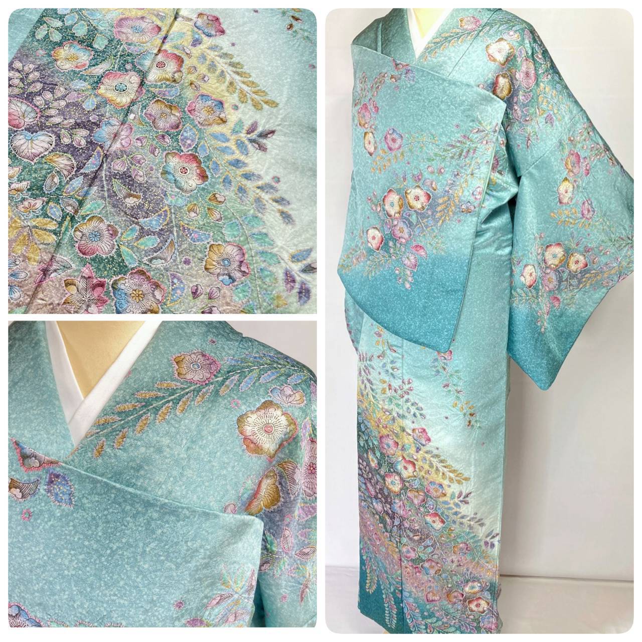 未使用 辻が花 絞り 銀通し 訪問着 正絹 袷 黒 紫 パステルカラー 1373