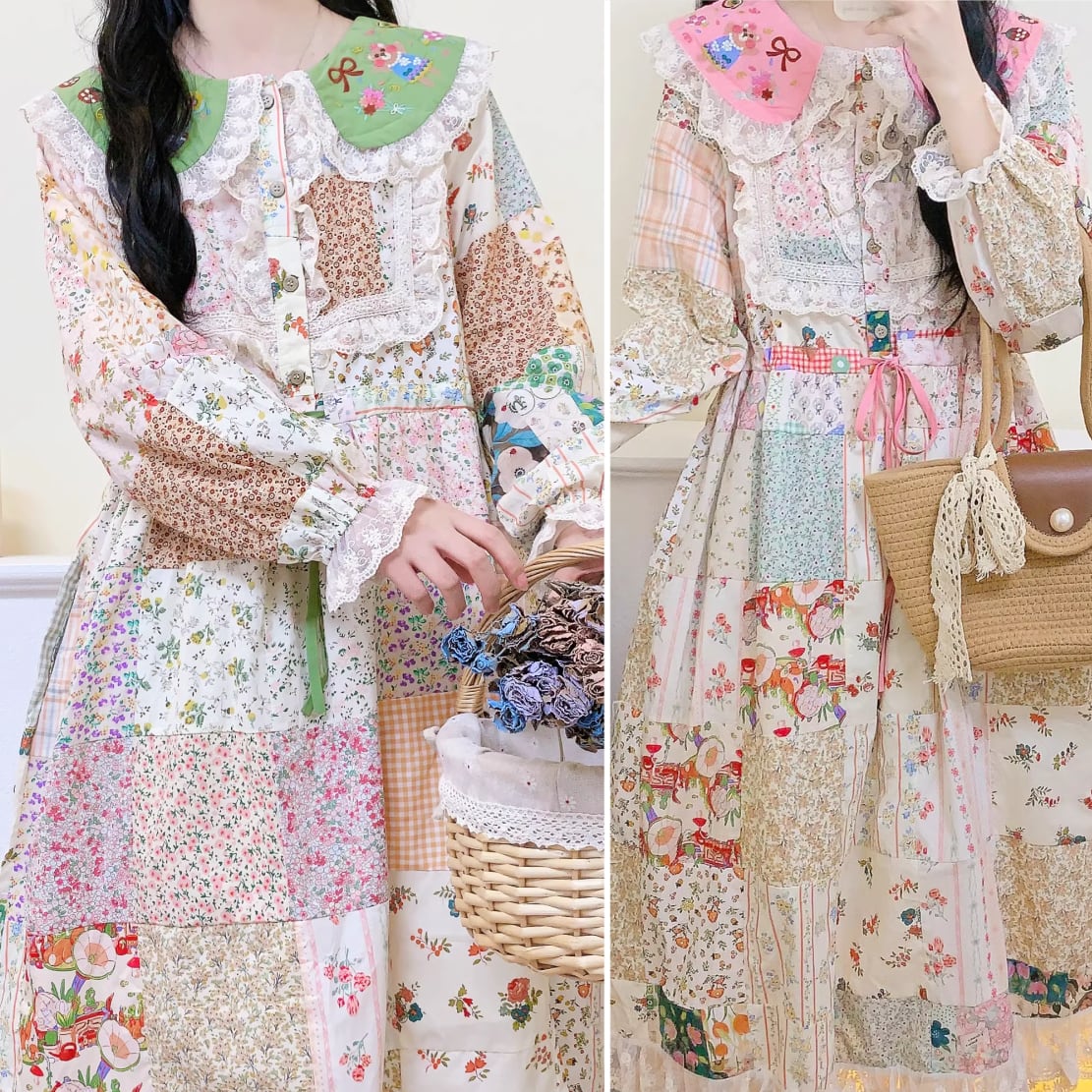 レディース 長袖 花柄 パッチワーク風デザイン ワンピース ロング丈