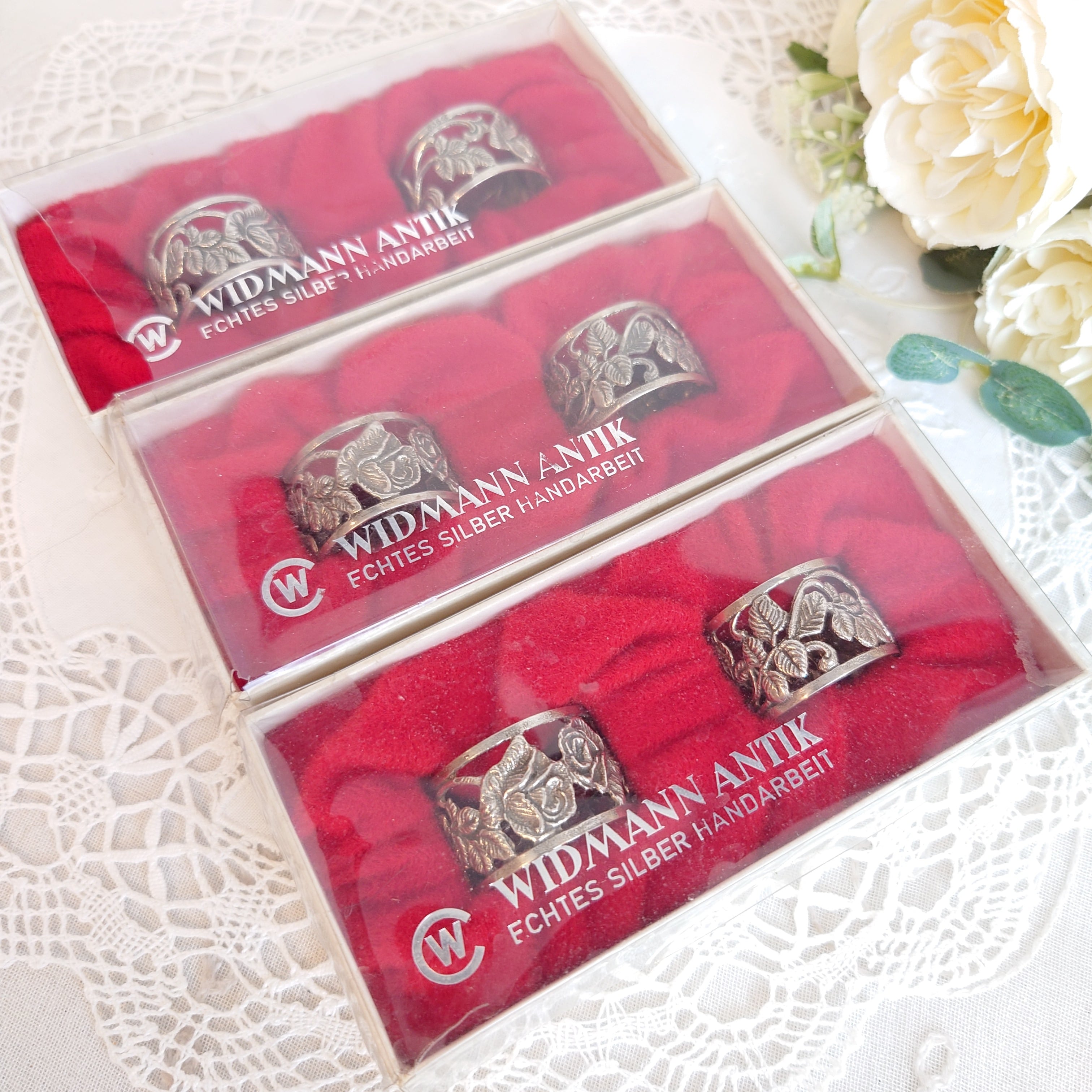 ドイツ 純銀 シルバー835 ローズデザイン ナプキンリング6個セット