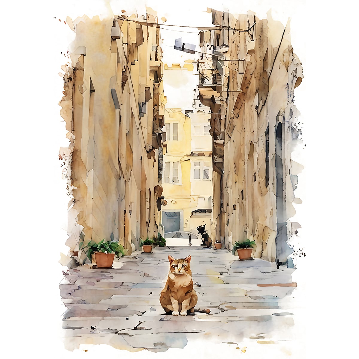 絵画 風景画(街並み) マルタ島 インテリアアート額付き 水彩画・油絵調