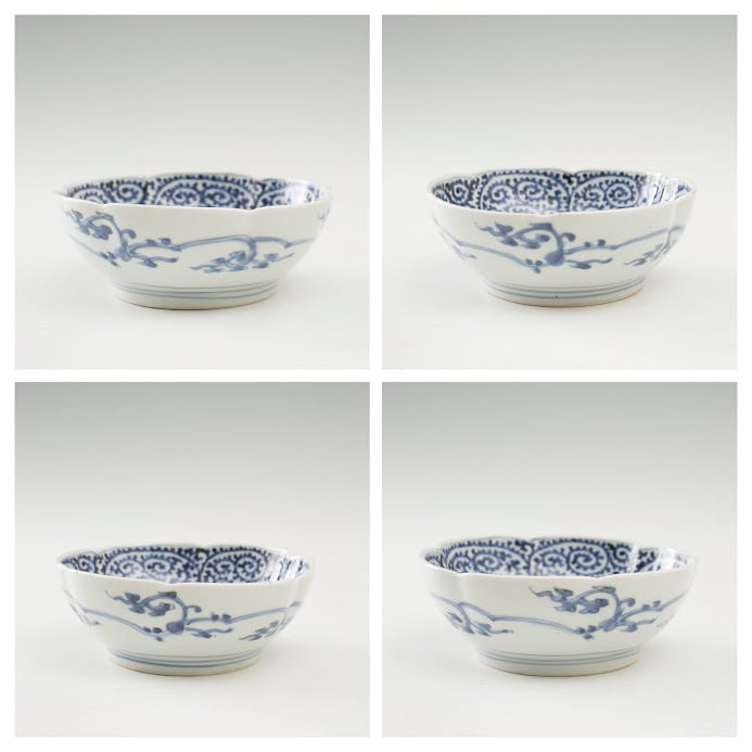 古伊万里 染付 蛸唐草 膾皿 五枚組 なます皿 見込み松竹梅 二重角福 渦