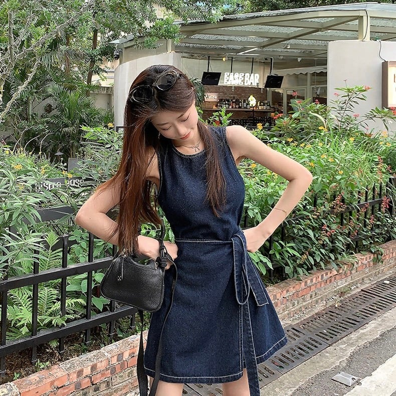 dress】リボンベルトデニムノースリーブミニワンピース JY5168