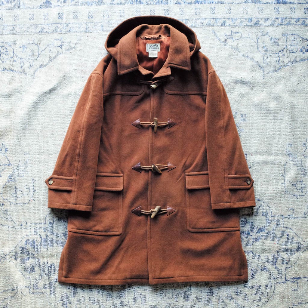 HERMES カシミアヘリンボーンダッフルコート アンゴラ キャメル 1990