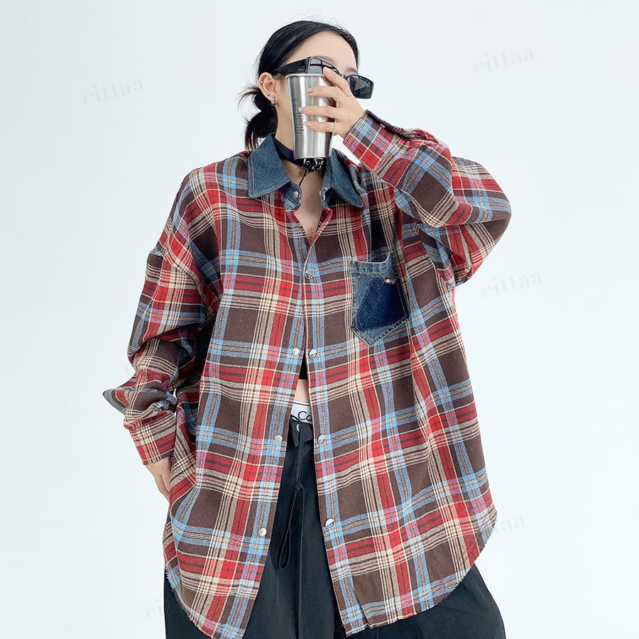 即納】C-319 2025秋新作♡デニムドッキングチェック柄シャツ レッド
