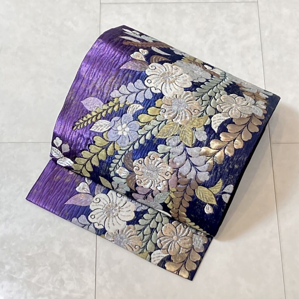鈴乃屋謹製 辻が花 纐纈 膨れ織り 金糸 銀糸 袋帯 振袖 正絹 紺 紫 650