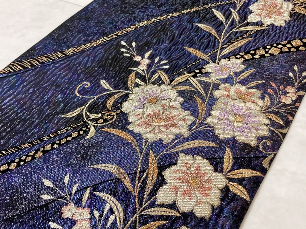 未使用 膨れ織り 唐織り唐花 正絹 金糸 袋帯 紺 紫 614 | kimono Re:和