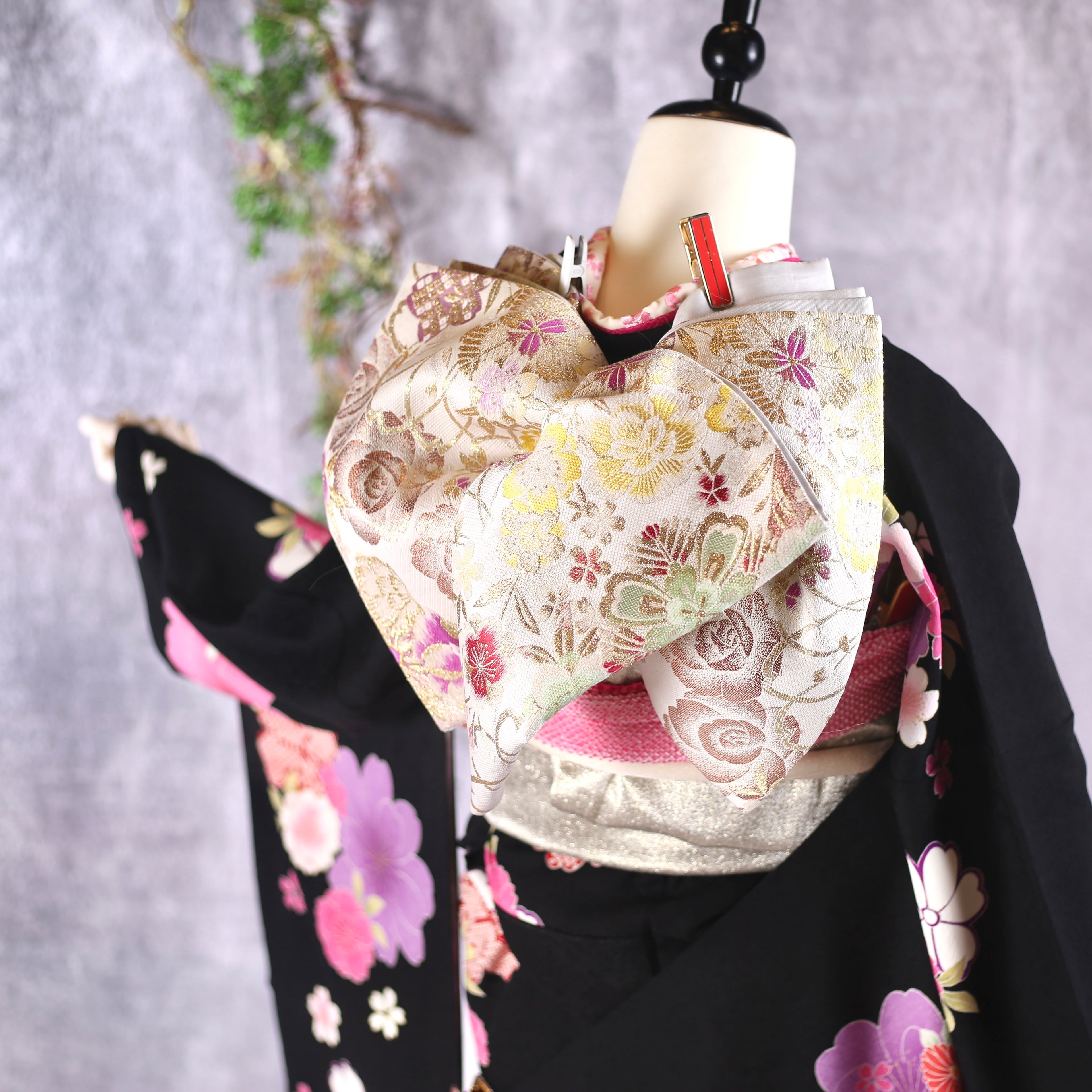 振袖フルセット 振袖セット 振袖 Mサイズ 黒×桜 美品 成人式 着物
