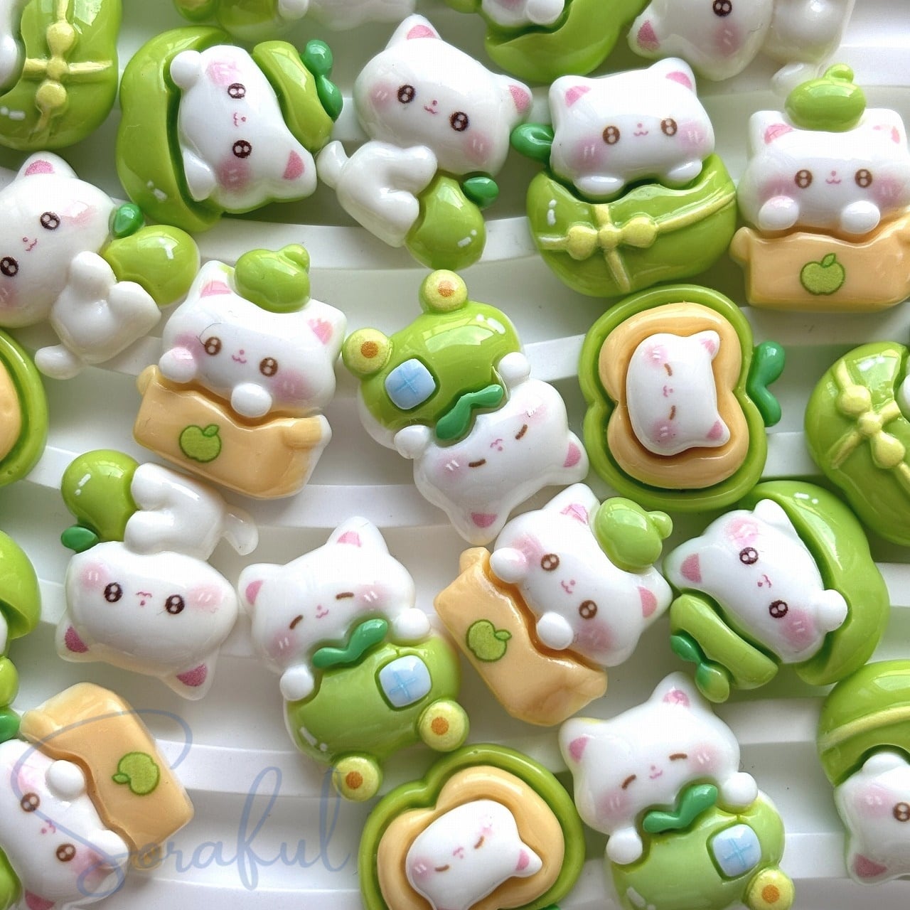 6種セット】青りんごと猫ちゃん【デコパーツ】D-0641 | ソラフル