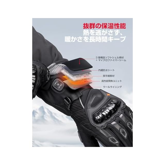 デュアルヒート制御で、理想の温もりへ】KEMIMOTO 電熱グローブ バイク
