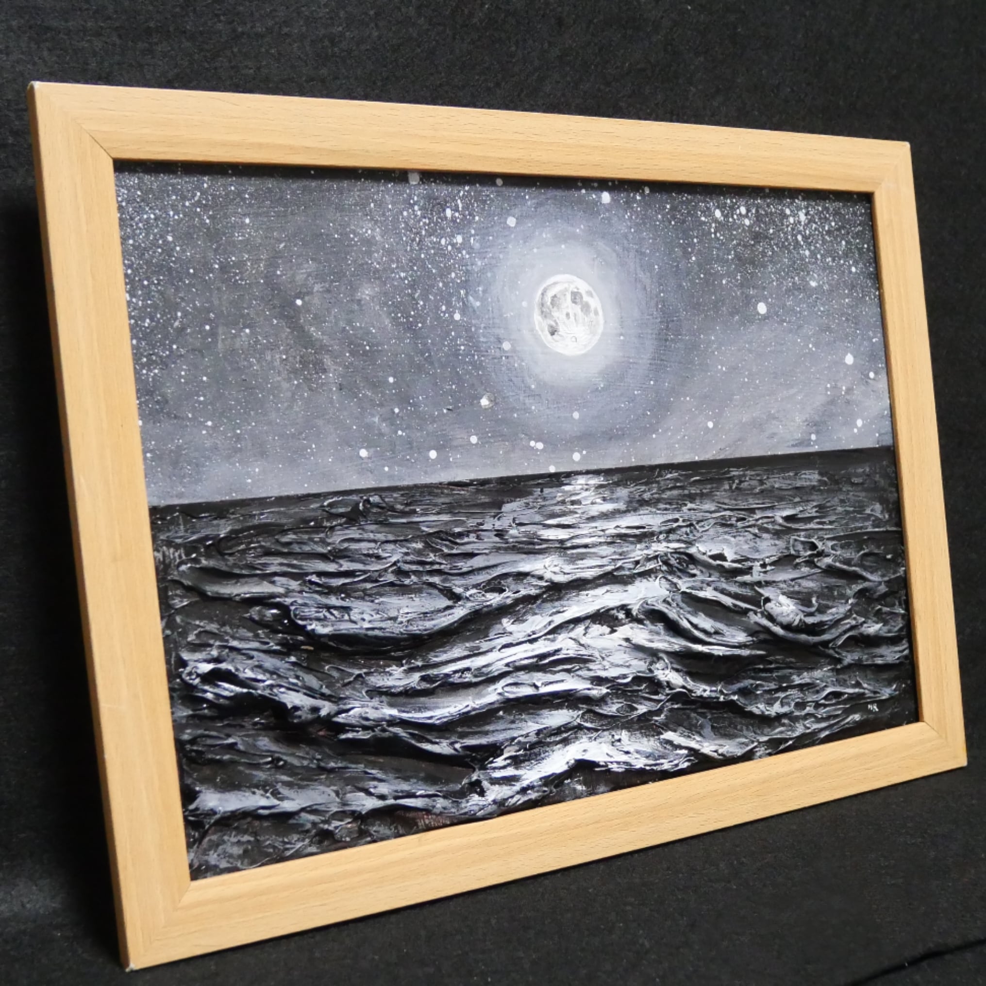 油絵 油彩 油彩画 絵 絵画 【白黒の満月と星空の海】 | HIROSHI1990