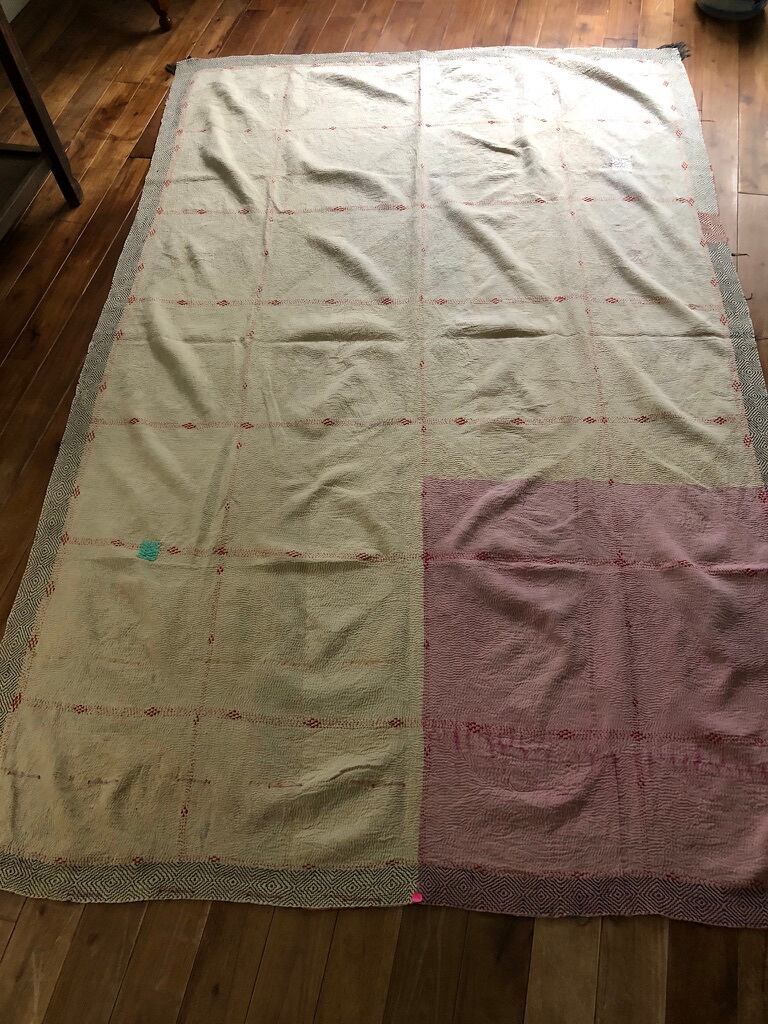 Vintage kantha quilt retro off white & orange ビンテージ