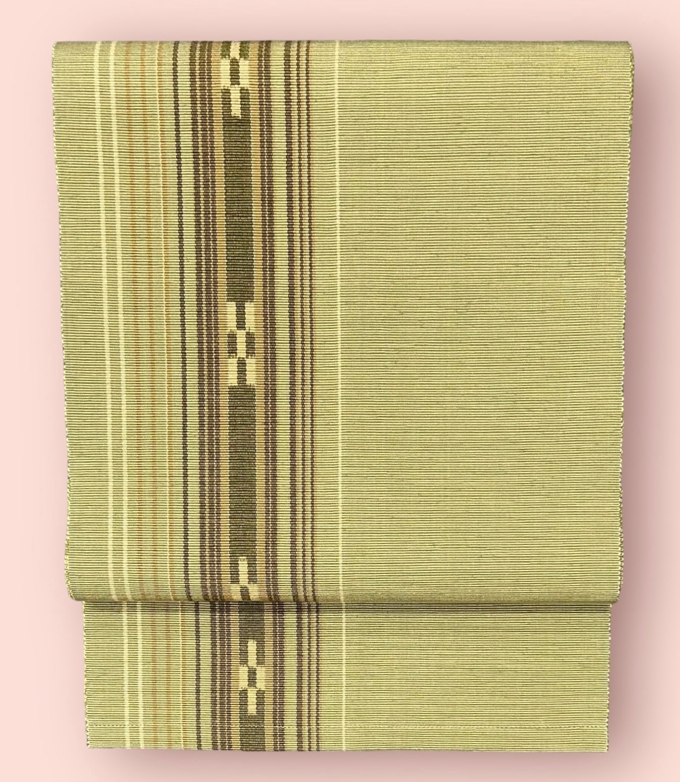 名古屋帯 ミンサー織 油色や鶯茶色などのモスグリーン系 長さ 360