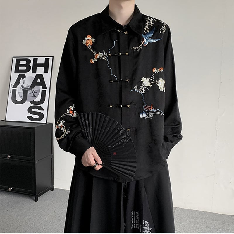 入画シリーズ】☆チャイナ風トップス☆ シャツ 長袖シャツ 刺繍 花柄