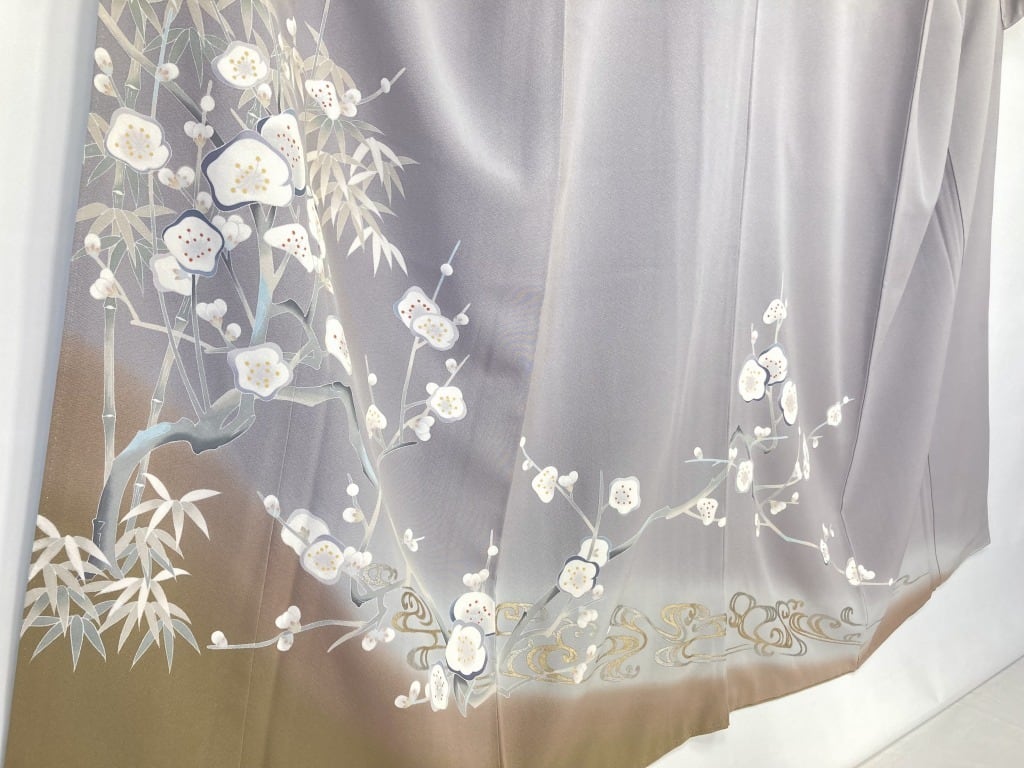 遠田藤舟 十日町友禅 未使用 梅 竹 訪問着 袷 正絹 紫 グレー 茶色