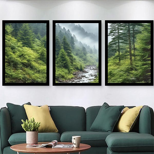 3枚セット 33×43cm アートパネル 枠付き フレーム絵画 森林 朝もやの森
