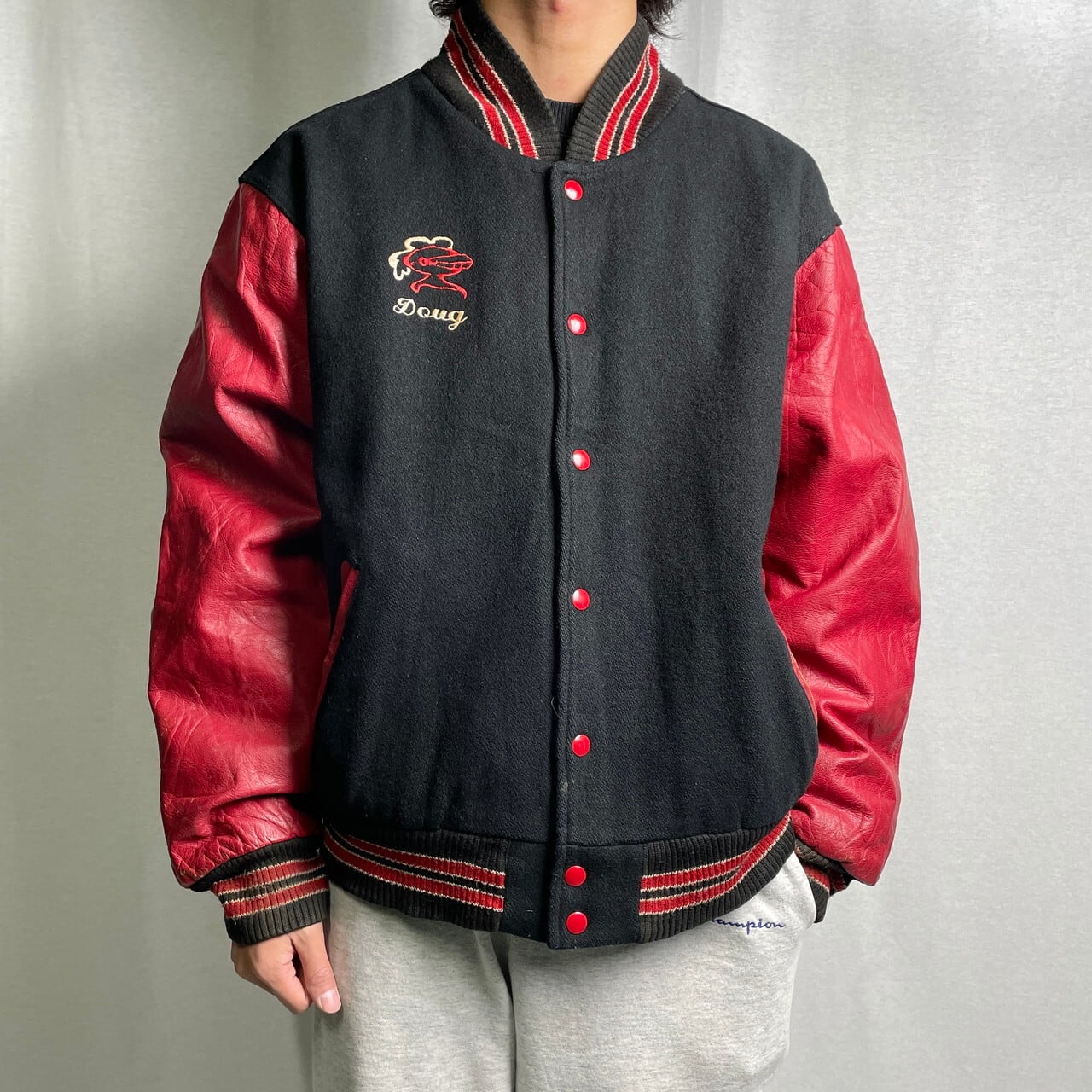 80年代 RENNOC ウールスタジャン 袖レザー メンズL 古着 80s