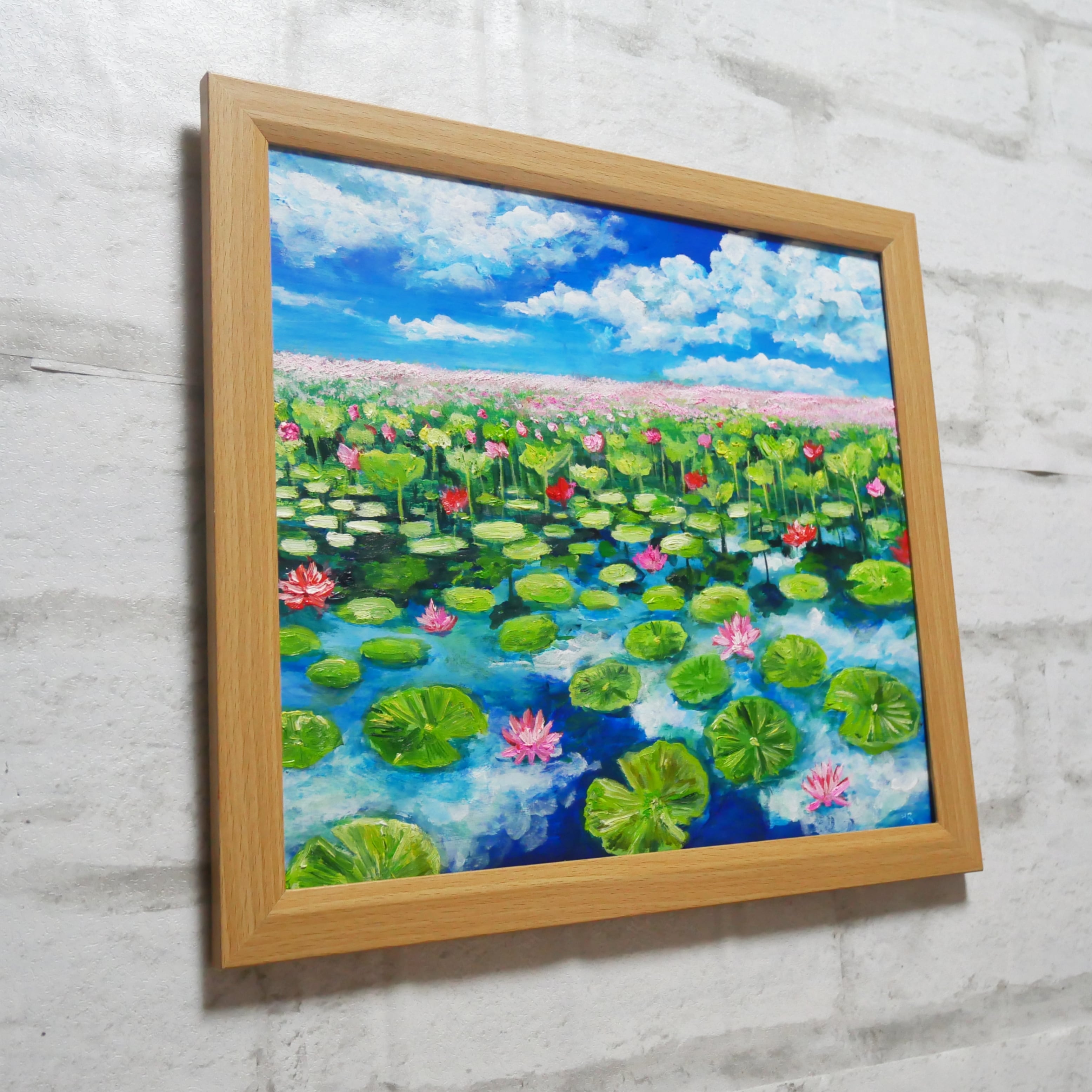 油絵 油彩 油彩画 絵 絵画 【水面映る蓮】 | HIROSHI1990