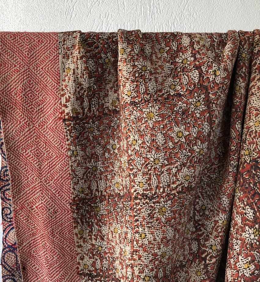 vintage block print kantha quilt small flower 泥染ブロックプリント