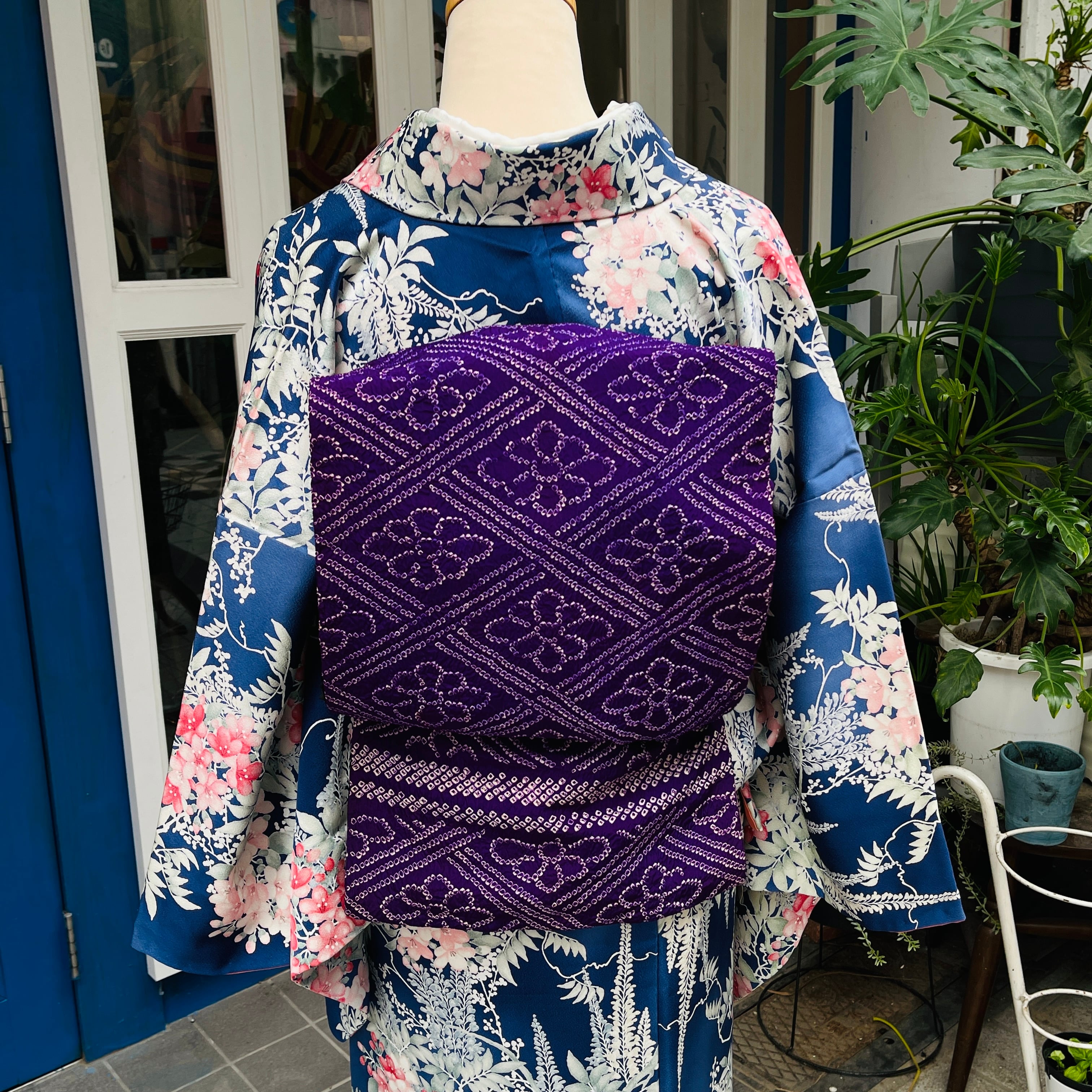 アンティーク帯 昼夜帯 紫系 総絞り 花菱文様 | アンティーク着物 侘び