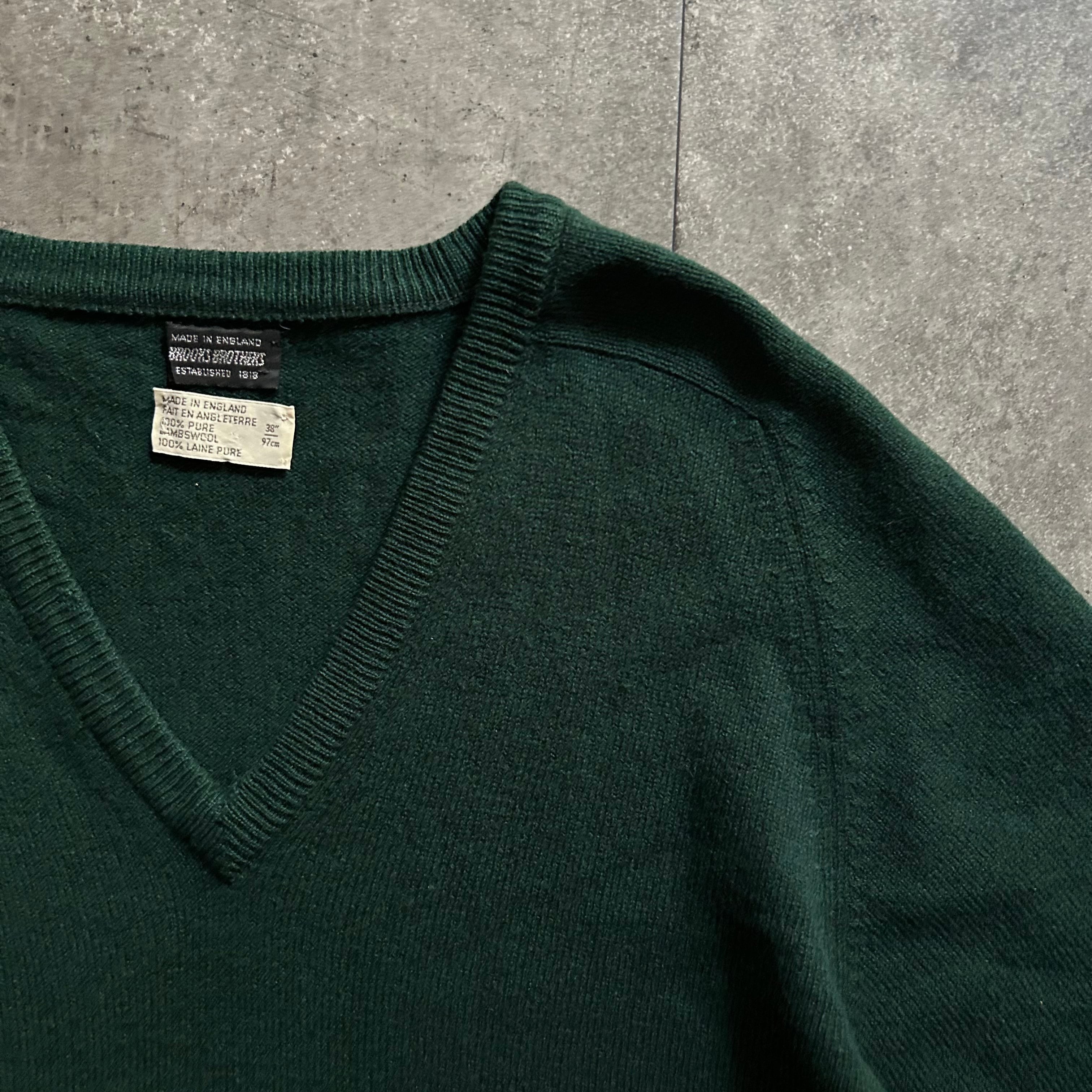 70s ブルックスブラザーズ Vネックウールニット グリーン M イギリス製