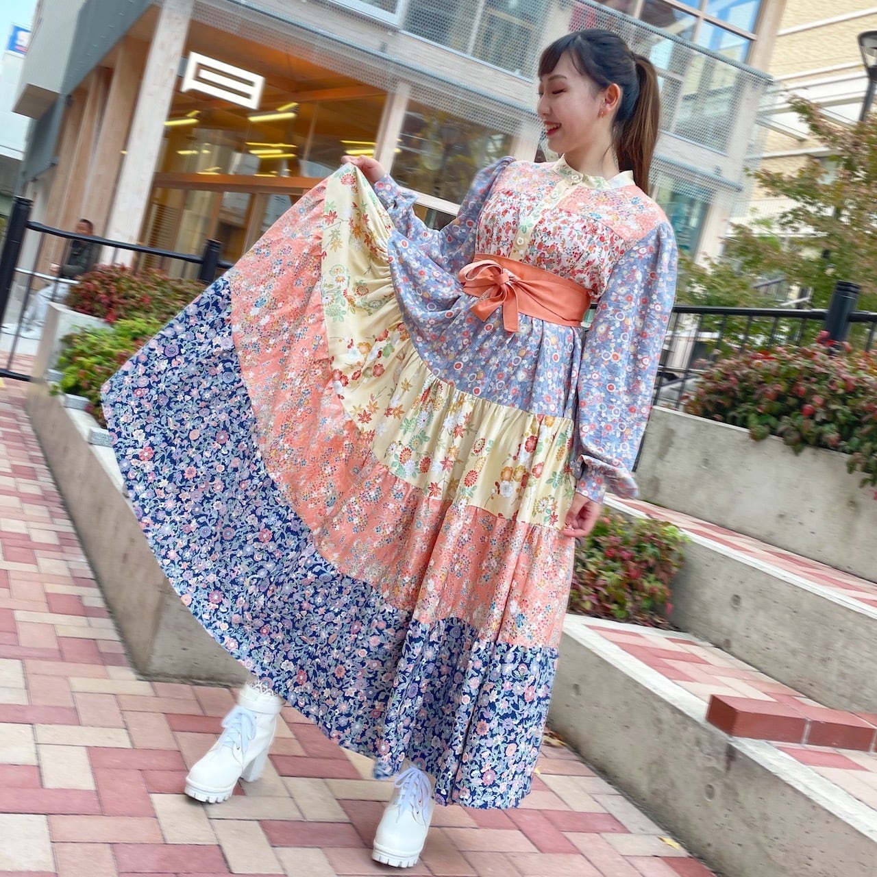 着物リメイク】1点もの 正絹ティアードワンピースドレス【小紋花柄